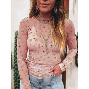 Floral Print Long Sleeve Mesh Blouse